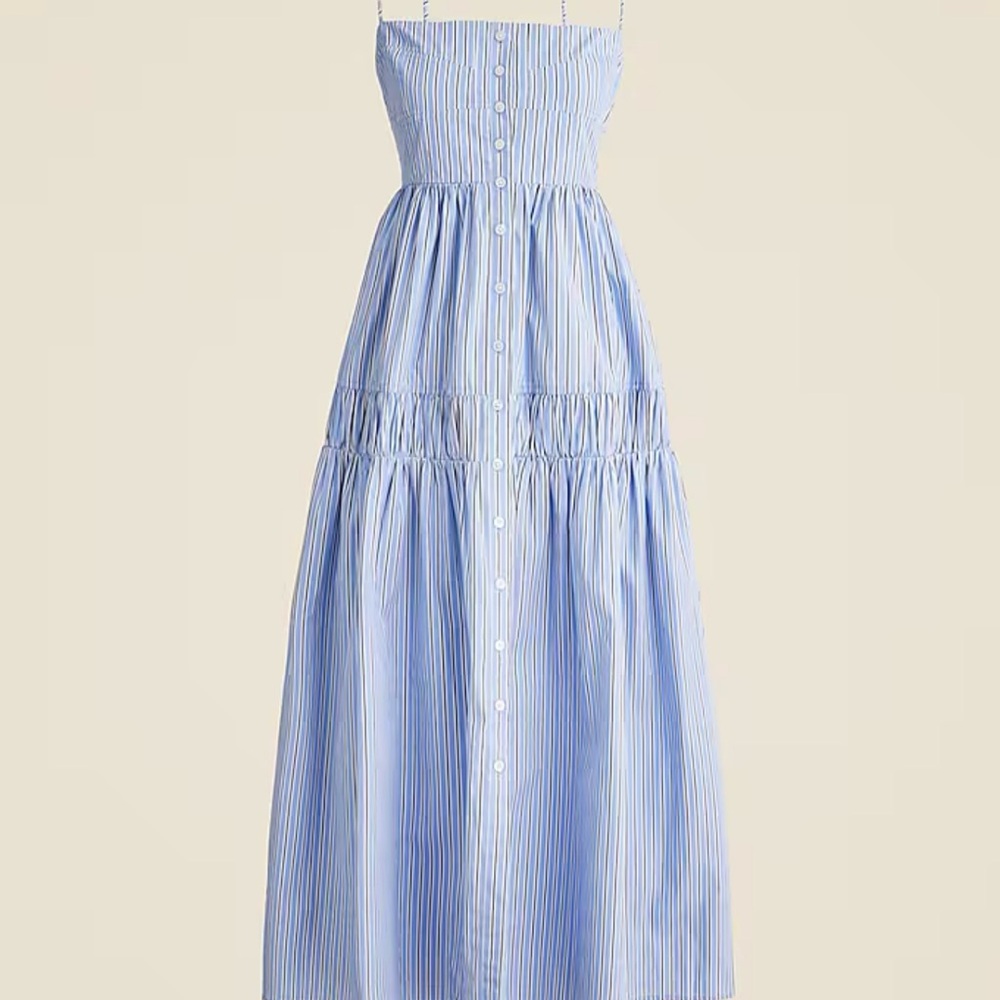 J. Crew A Line Midi Dress Striped Cotton Poplin Tiered Square Neck US 10